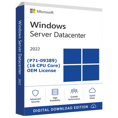 Microsoft Windows Server 2022 Datacenter 16-Core OEM Licence (P71-09389) product image on a transparent background